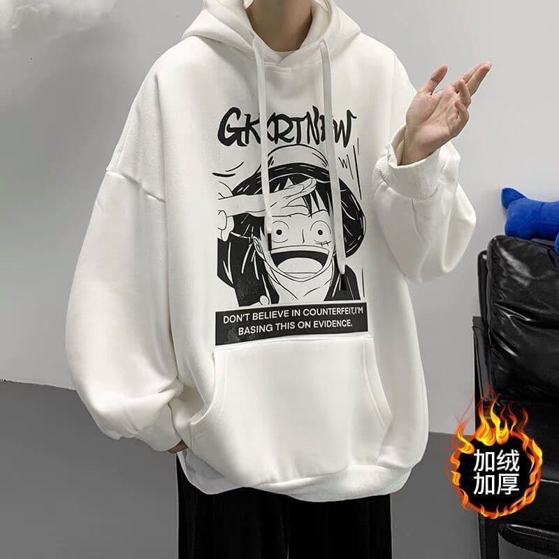 image-One Piece Pullover Hoodie - Men's Fleece Gray Loose Fit