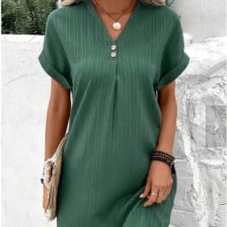 image-Cross-border European and American women's clothing 2023 new Amazon V-neck solid color pullover comfortable casual button dress