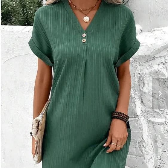 image-Cross-border European and American women's clothing 2023 new Amazon V-neck solid color pullover comfortable casual button dress