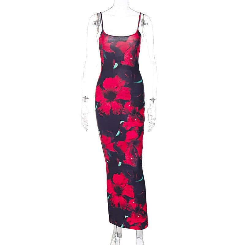 image-Women's U-Neck Printed Dress - Slim Fit Suspender