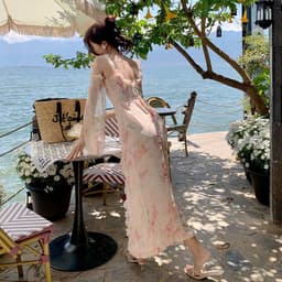 image-Floral Polyester Dress - Women's High Waist Midi V-Neck
