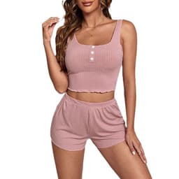 image-Women's Pajama Set - Pink Ribbed Jacquard Shorts