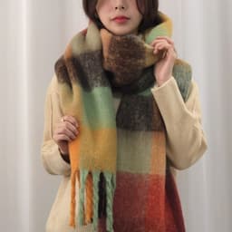image-Plaid Knit Scarf - Blue Rose White 240x35cm Warm