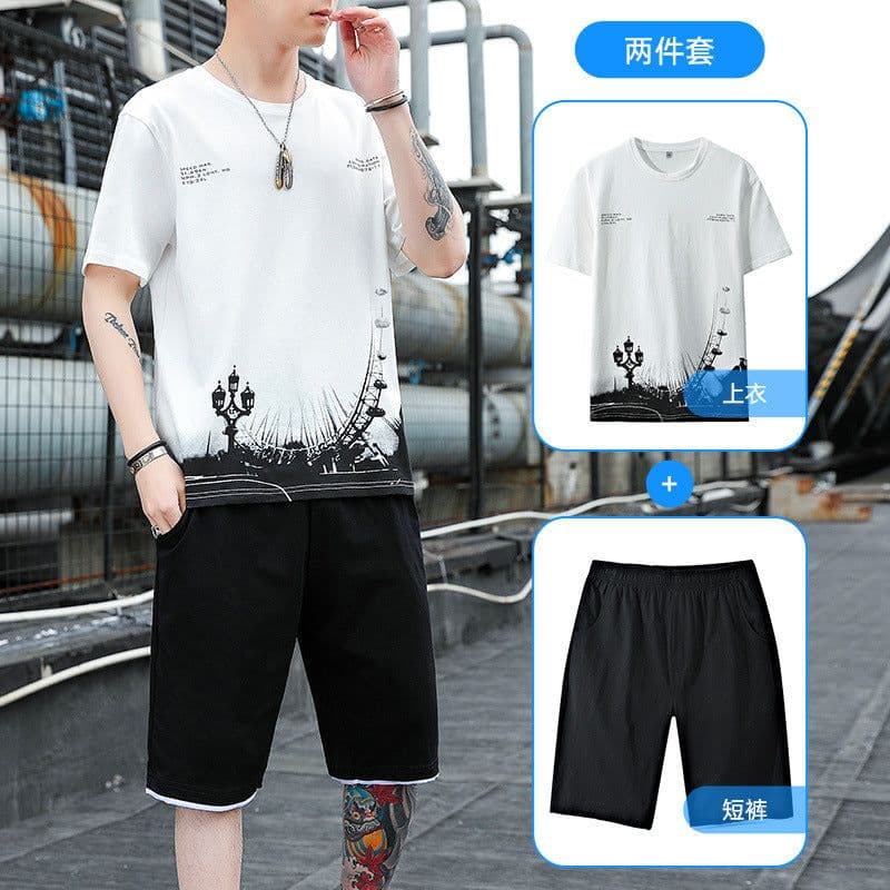 image-Men's Cotton T-Shirt & Shorts Set - Khaki XXXXL