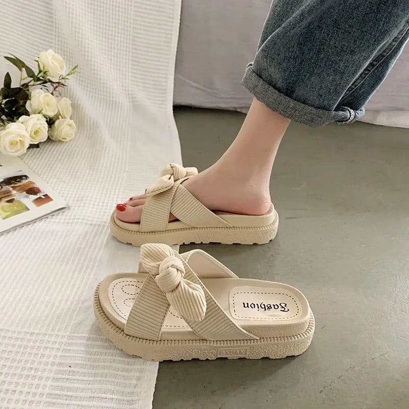image-Roman Sandals - Beige Flat Bow Tie Summer
