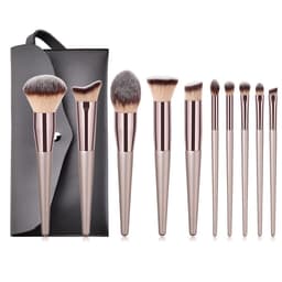 image-Champagne Gold Makeup Brush Set With Gray Cosmetic Bag 14 Pieces