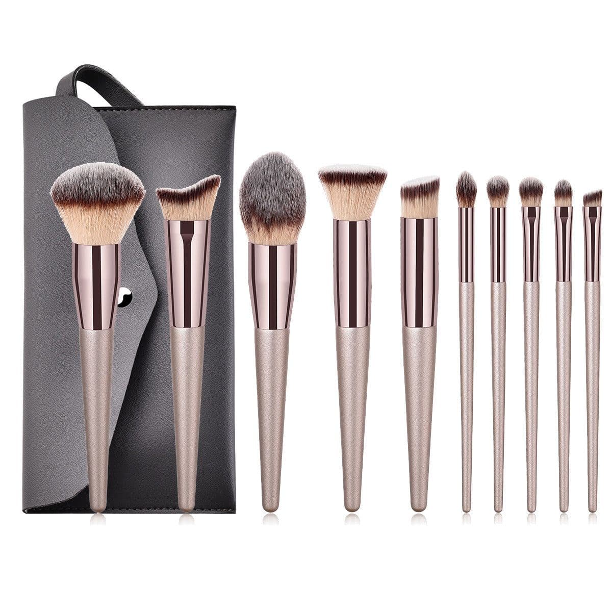 image-Champagne Gold Makeup Brush Set With Gray Cosmetic Bag 14 Pieces