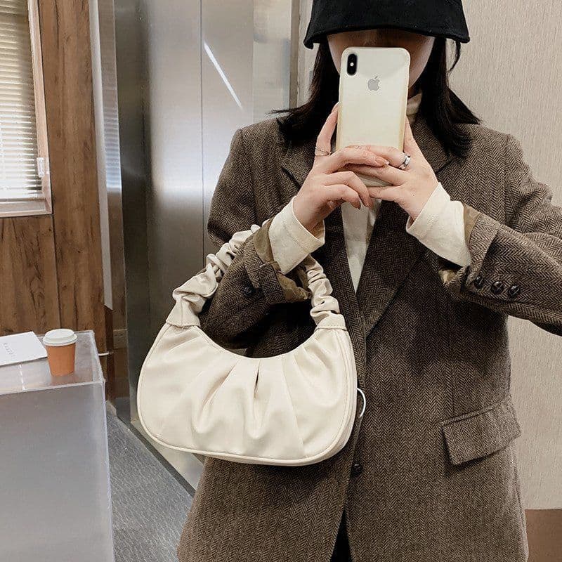 image-Korean Version Women's PU Cloud Pleated Bag - Gold Solid Color