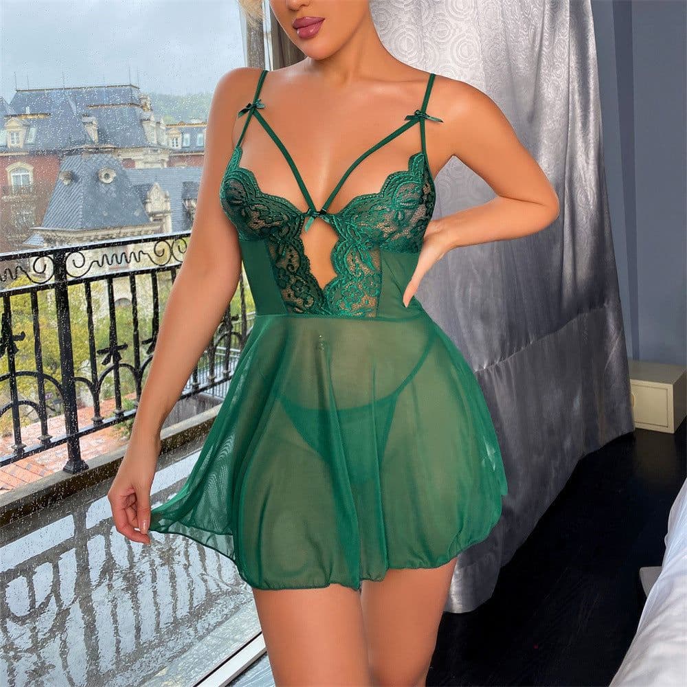 image-Sexy lingerie foreign trade European and American mesh suspenders see-through sexy nightdress lace low-cut sexy lingerie