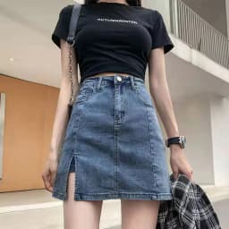 image-Denim Skirt Women High Waist A-Line Blue Short