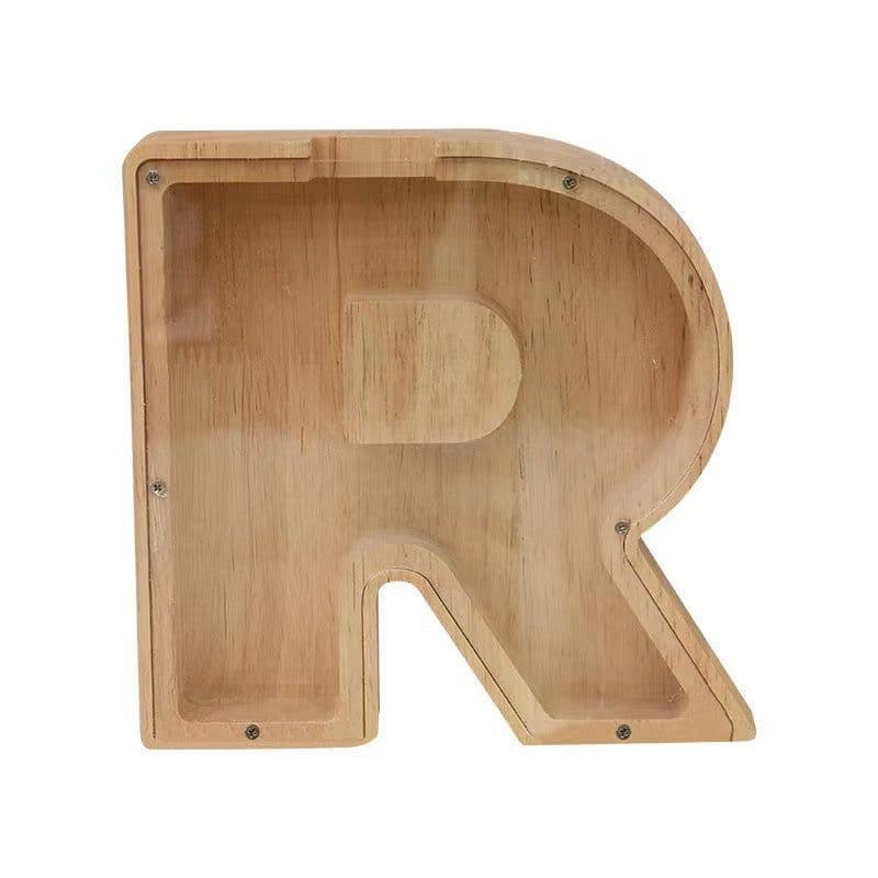 image-Wooden Alphabet Piggy Bank 26 Letters Toy Transparent Acrylic Ornament