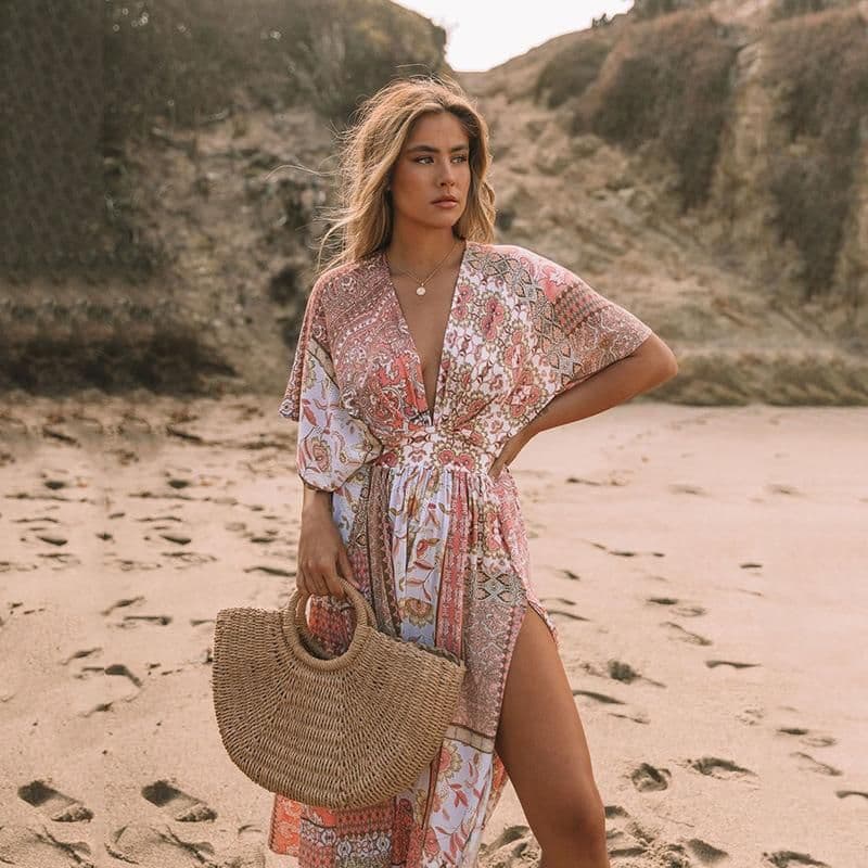 image-2022 Bohemian Printed Beach Dress Women