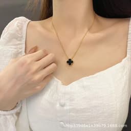 image-v gold 925 silver Fanjia four-leaf clover necklace high version women's thick plated 18k single flower pendant natural fritillary chalcedony