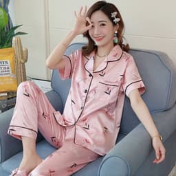 image-Silk Satin Pajamas - Plus Size Short-Sleeved Trousers, 5XL, Double Blue Satin, Comfortable
