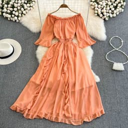 image-Seaside vacation beach skirt super fairy forest one-shoulder off-shoulder ruffled chiffon dress commuting big five points