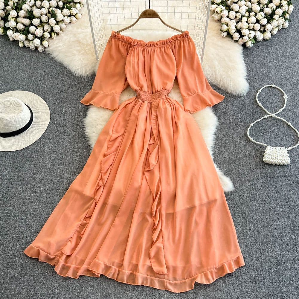 image-Seaside vacation beach skirt super fairy forest one-shoulder off-shoulder ruffled chiffon dress commuting big five points