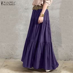 image-Cotton Linen Pleated Skirt - Brown 5XL Long