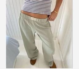 image-Women's Cotton Wide Leg Trousers - Sky Blue Elastic Waist