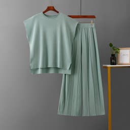 image-Korean Chic Sleeveless Sweater & Pants Suit - Green, One Size Fits All