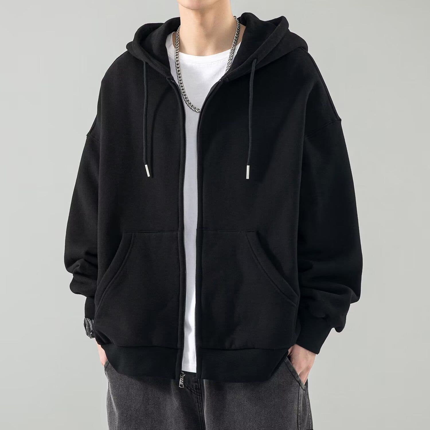 image-Men's Hooded Cardigan Sweatshirt - Dark Gray, 5XL, Loose Fit