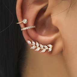 image-Simple Diamond Leaf Flower Zircon Ear Stud Set - No Pierced