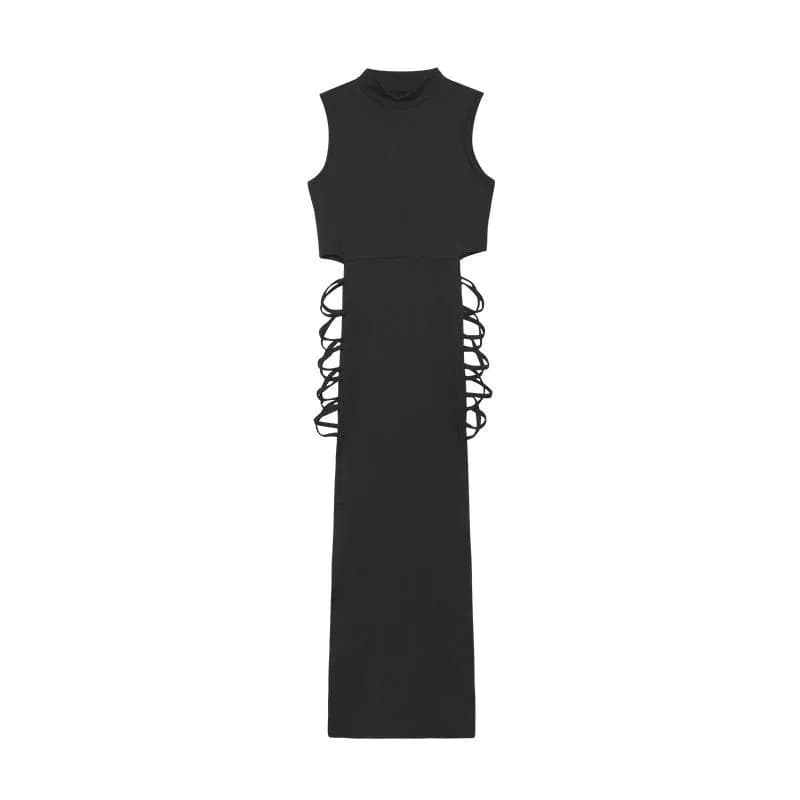 image-Women's Midi Skirt - Beige Lace-Up Sleeveless