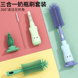 image-Silicone Baby Bottle Brush Set - Rock Blue, Three-in-One Rotating Cleaner
