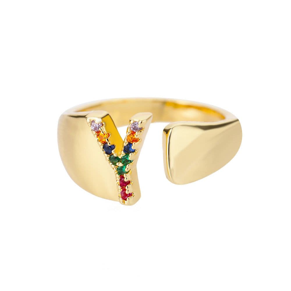 image-Retro Zirconia 26 Letter Adjustable Ring - Personalized Fashion Design