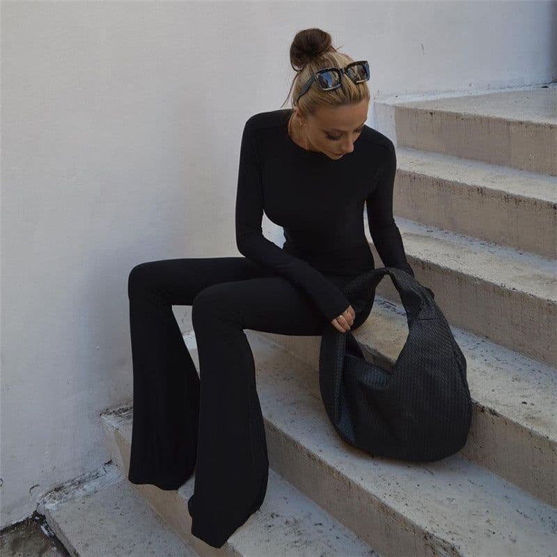 image-Women's Backless Jumpsuit - Slim Fit High Waist Flared