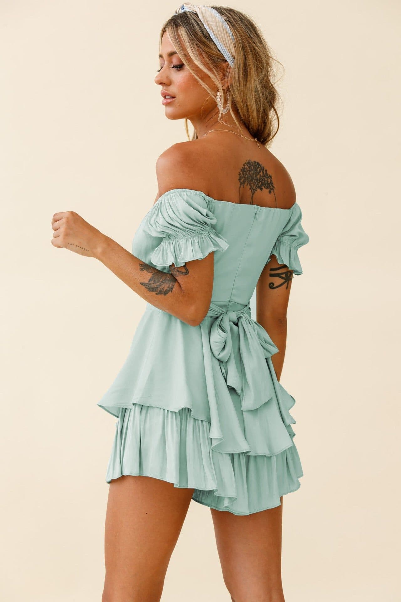 image-Spot wholesale jumpsuit solid color fashion sexy one-word collar lantern lotus leaf sleeve casual summer women's short pants