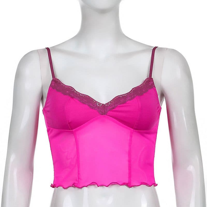 image-European and American foreign trade cross-border ins women's clothing see-through mesh lace stitching exposed navel slim camisole vest