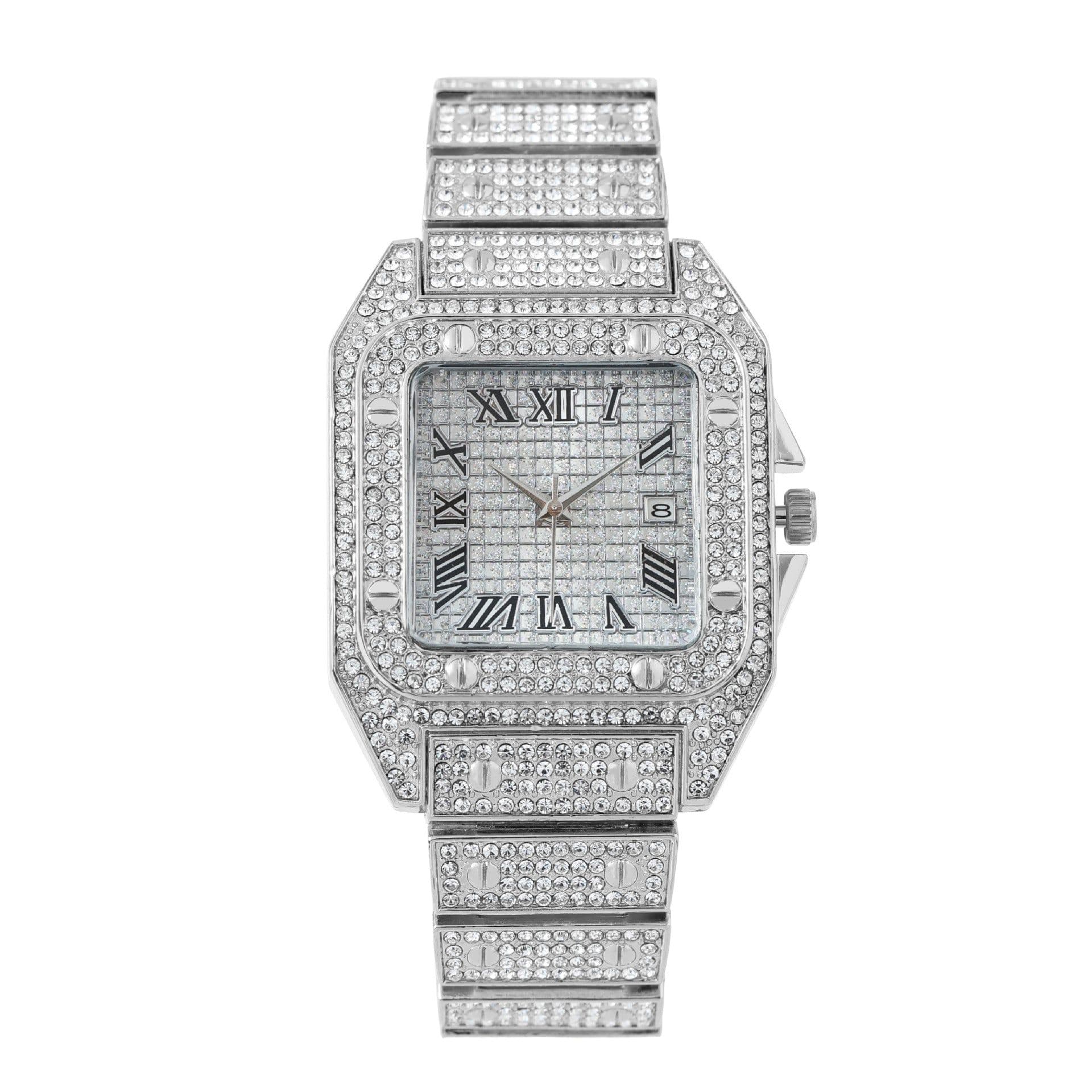 image-Foreign trade cross-border explosive style steel belt diamond-encrusted hip-hop men's watch square starry Roman pattern calendar quartz women's watch