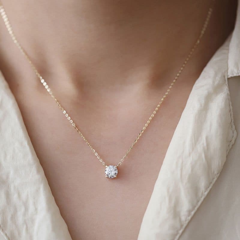 image-Sterling Silver Necklace Plated 14K Gold One Carat Diamond Four Claw Pendant