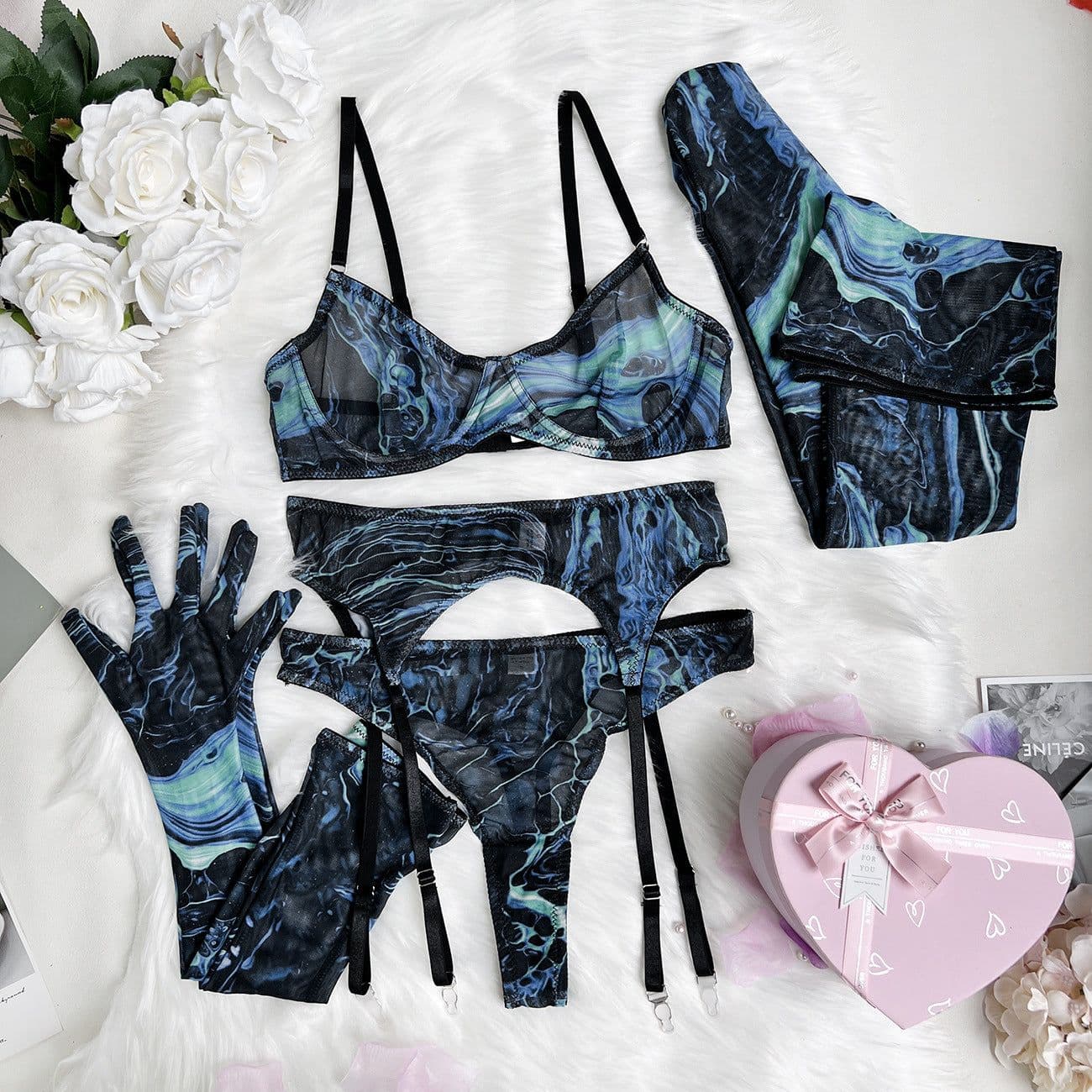 image-Sexy Lingerie 5-Piece Set - Leopard Print Polyester - L Size