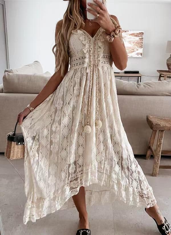 image-Lace Suspender Midi Dress - Apricot V Neck XXL