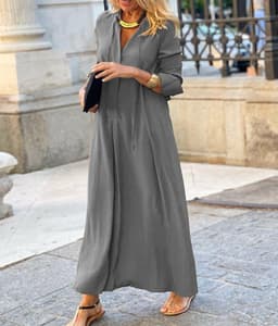 image-2023 European and American cross-border new large swing skirt solid color lapel long sleeve simple casual long shirt dress