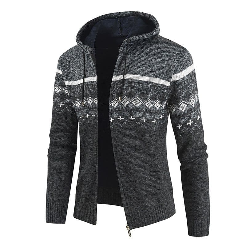 image-Dark Gray Stand Collar Cardigan With Velvet Thickened Knit Sweater Jacket 3XL