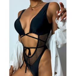 image-Black One-Piece Swimsuit Mesh Lace-Up L