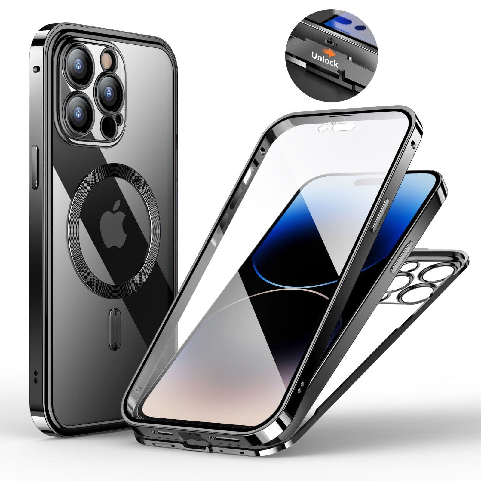 image-iPhone 15 Pro MagSafe Metal Phone Case - Black Buckle Magnetic Snap