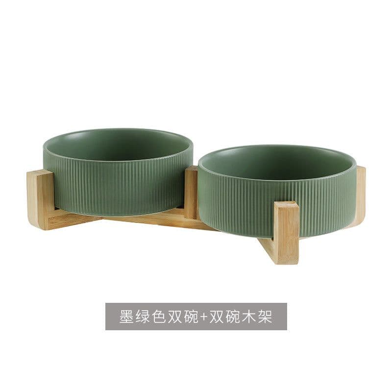 image-Hangyi Ceramics Double Bowl Pet Dish - Wooden Frame, Anti-Knock - 24 Pack