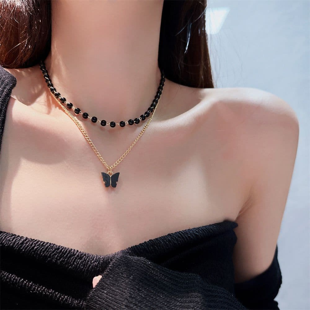 image-Emily Black Pearl Butterfly Necklace - Retro