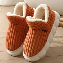 image-Women's Slippers - Brown Stripe Plush Indoor House Shoes