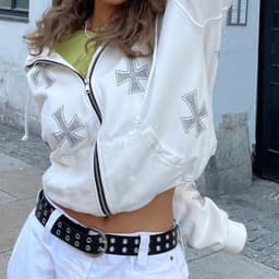 image-European and American station cross-border women's autumn new 2023 European and American loose top cross ironing diamond zipper hooded sweater