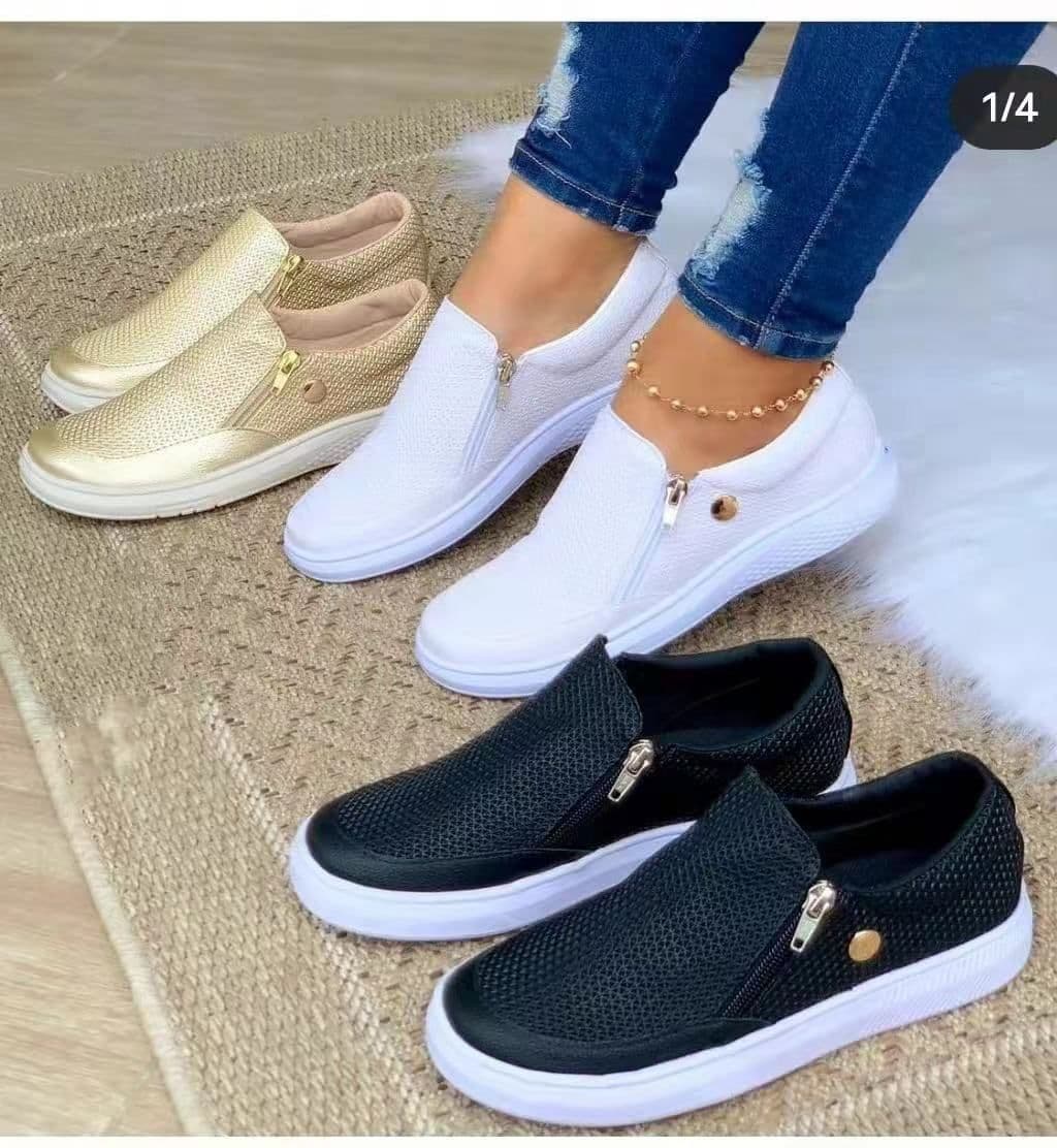 image-Casual Fashion Flat Zipper Sneakers 36-43 - Spring/Autumn 2023 Gold Black White