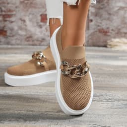 image-2022 Spring and Autumn New Round Toe Slip On Chain Casual Thick Bottom Large Size European and American Fly Woven Women's Shoes