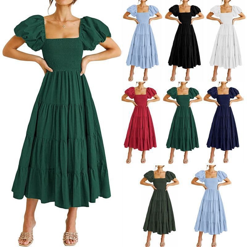 image-Summer Cross-Border Women's Dress - Square Collar Backless Puff Sleeves (54 characters)