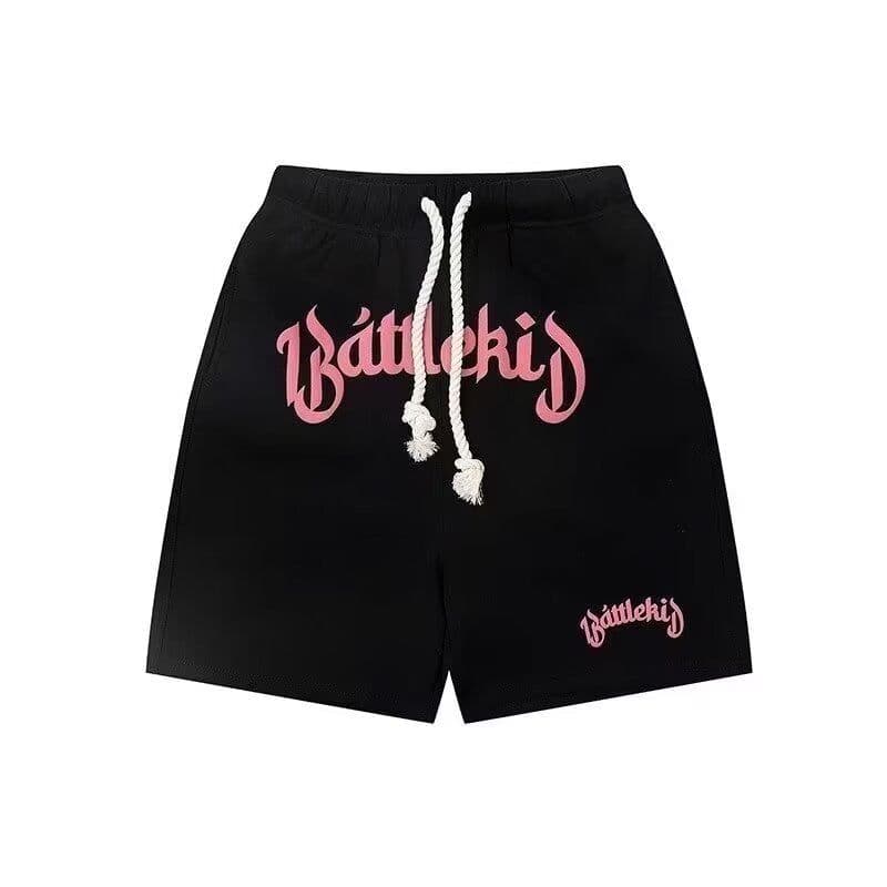 image-Men's Lace-Up Shorts - Black Polyester Loose Fit