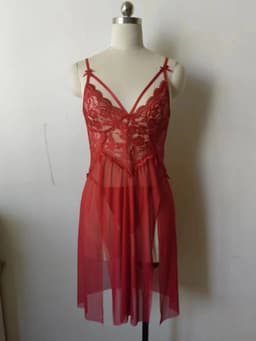 image-European and American erotic lingerie sexy mesh see-through pajamas lace embroidery suspender nightdress female slit revealing breast long skirt