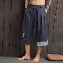 image-Chinese Retro Linen Embroidery Wide Leg Pants - Summer Loose Cotton Cropped