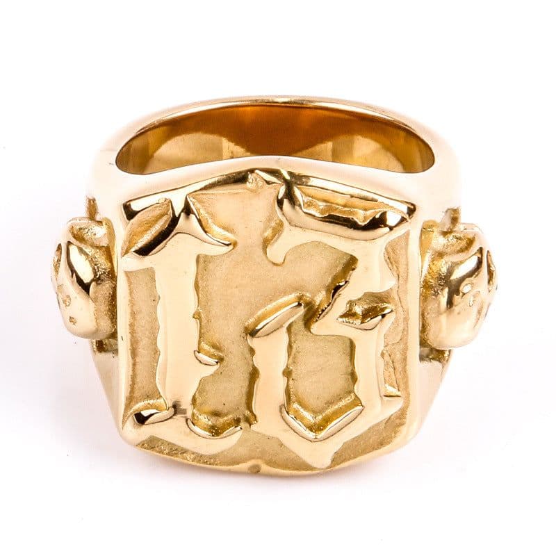 image-Mens Titanium Steel Ring Ghost Head Vintage Gold Plated Geometric Design